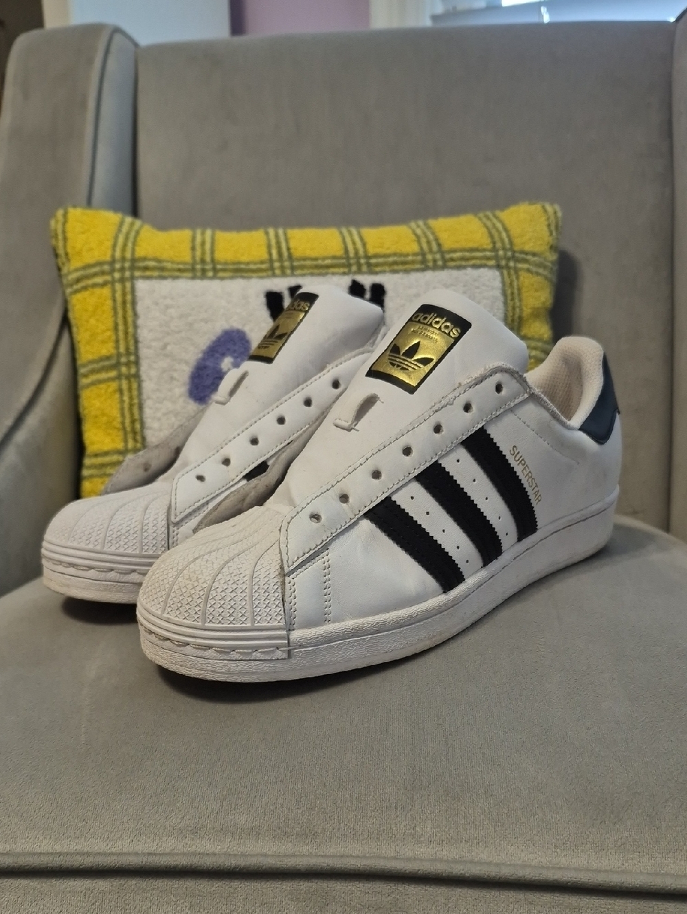 ADIDAS White and Black Superstar Sneakers with Gold Tongue Badge